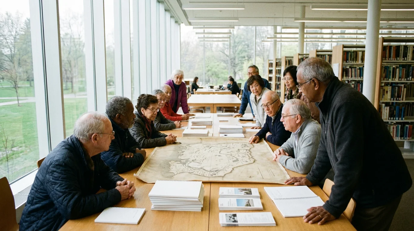 A group of seniors planning a trip together around a map in a brightly lit room.