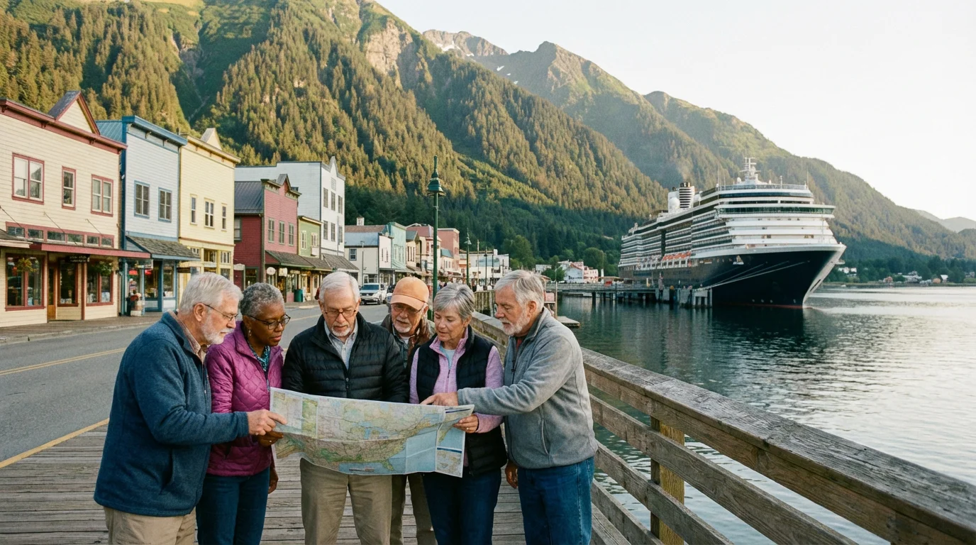 A group of seniors plans their trip with a map in an Alaskan port town.