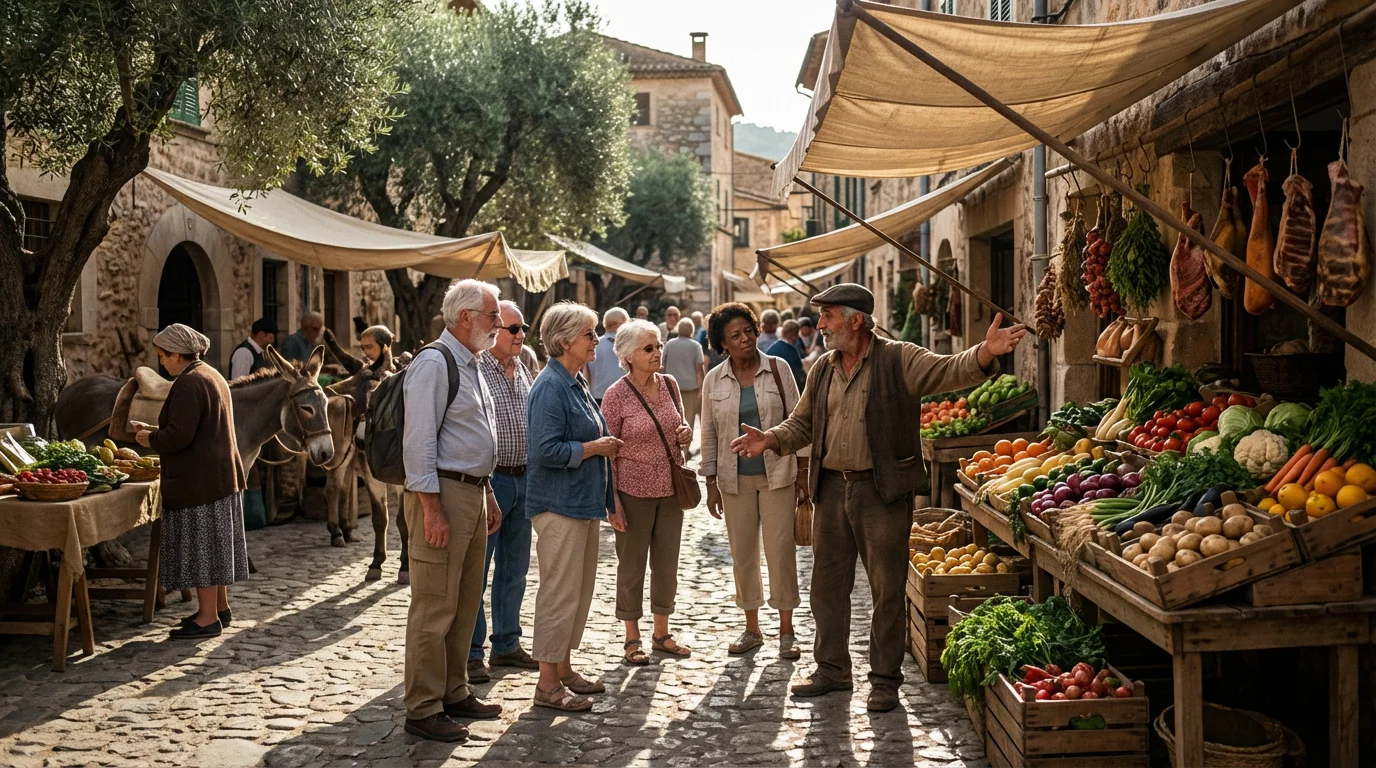 A group of seniors with a local guide exploring an authentic outdoor food market.