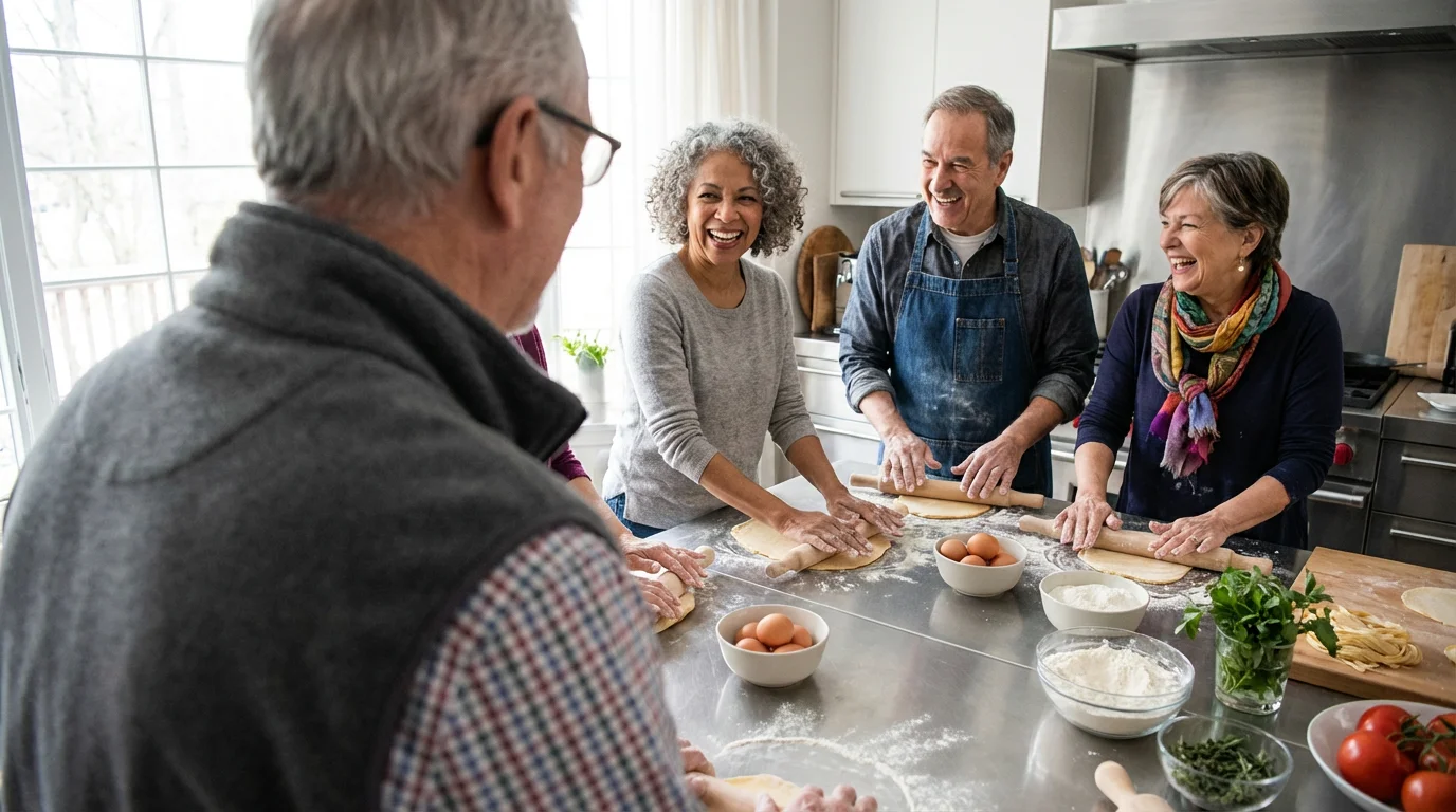 A group of smiling seniors learning to make pasta together in a cooking class.