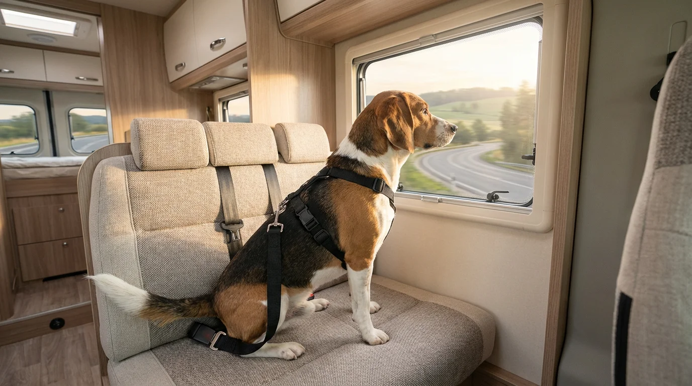 A happy dog safely secured with a seatbelt harness inside a moving RV.