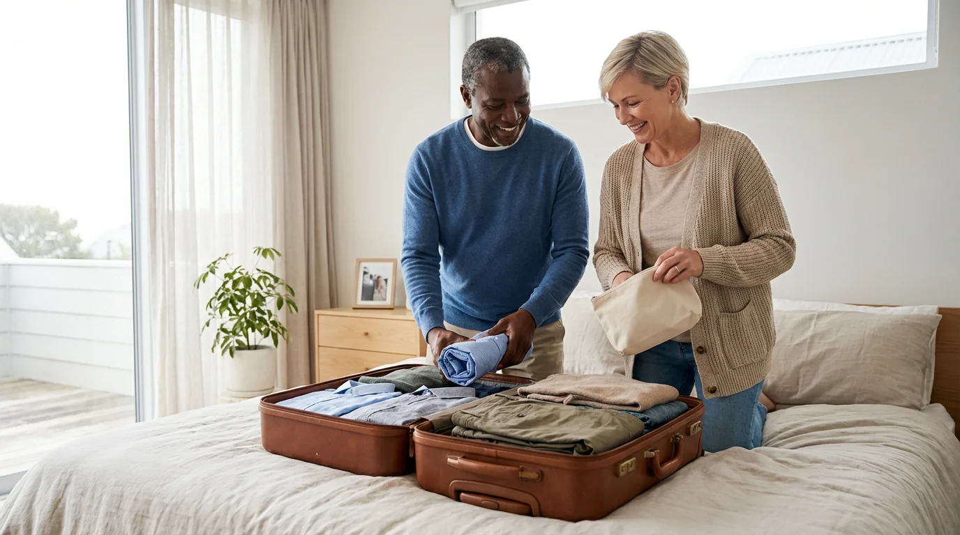 A happy senior couple packing a suitcase together in a bright, modern bedroom.