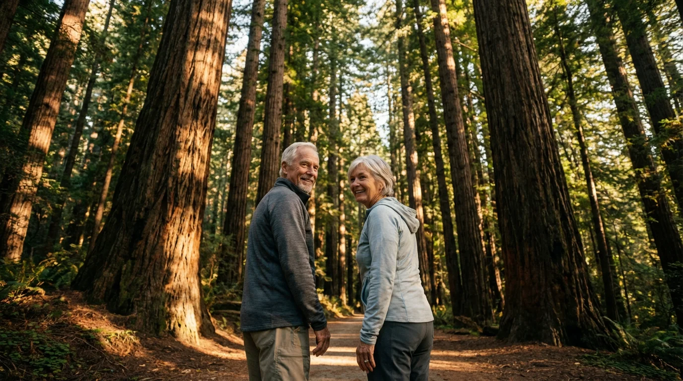 A happy senior couple smiles while hiking on a wide forest path.