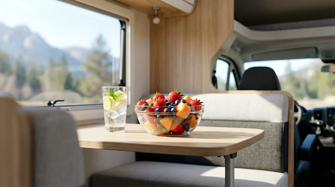 A healthy fruit salad and a glass of lemon water on an RV table.