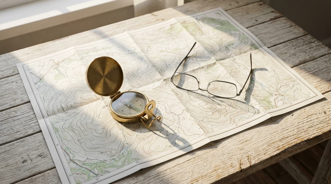 A high angle flat lay of a trail map, compass, and reading glasses for planning a hike.