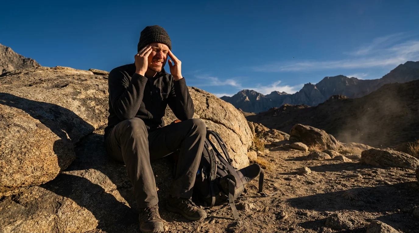 A hiker experiencing a headache from altitude sickness on a rocky mountain trail.