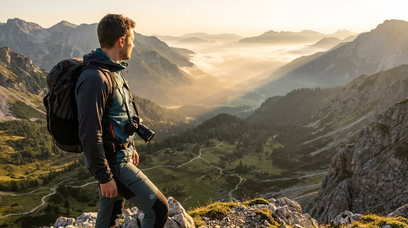 A hiker with a camera harness system stands on a mountain overlook at sunrise.