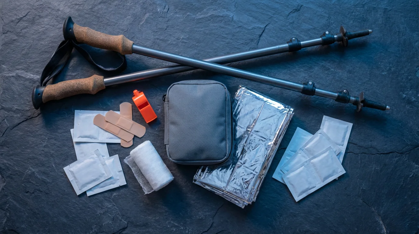 A hiker's safety kit with first aid supplies and trekking poles on a rock.