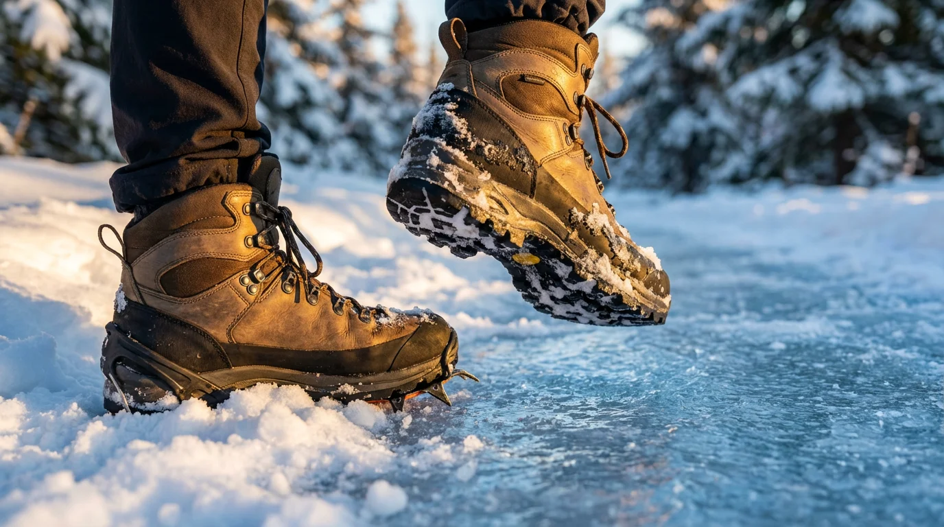 A hiker's waterproof boots carefully stepping over an icy patch on a snowy trail.