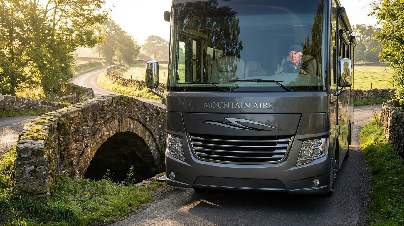 A large motorhome is stopped in front of a narrow stone bridge that it is too large to cross.