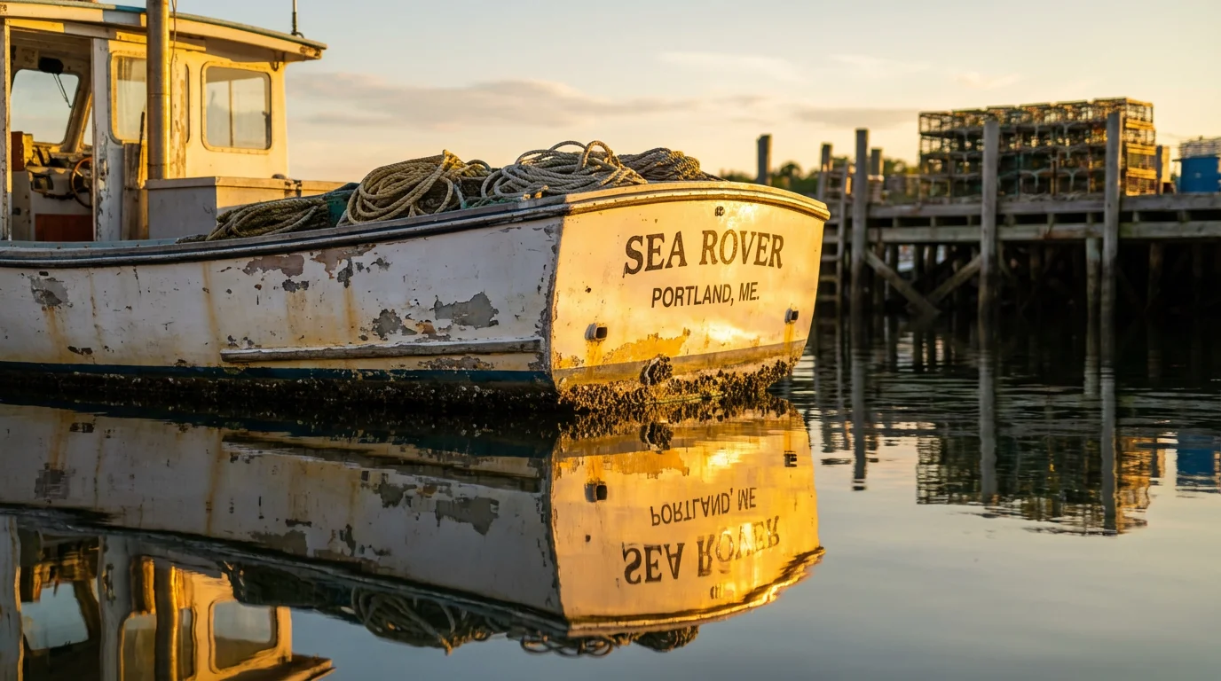 A low angle shot of a classic Maine lobster boat at golden hour.