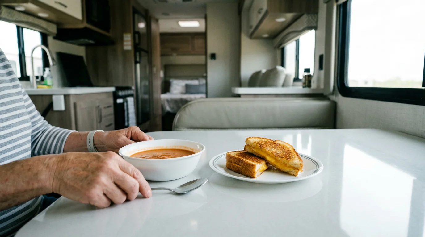 A low angle shot of a grilled cheese sandwich and tomato soup lunch inside an RV.