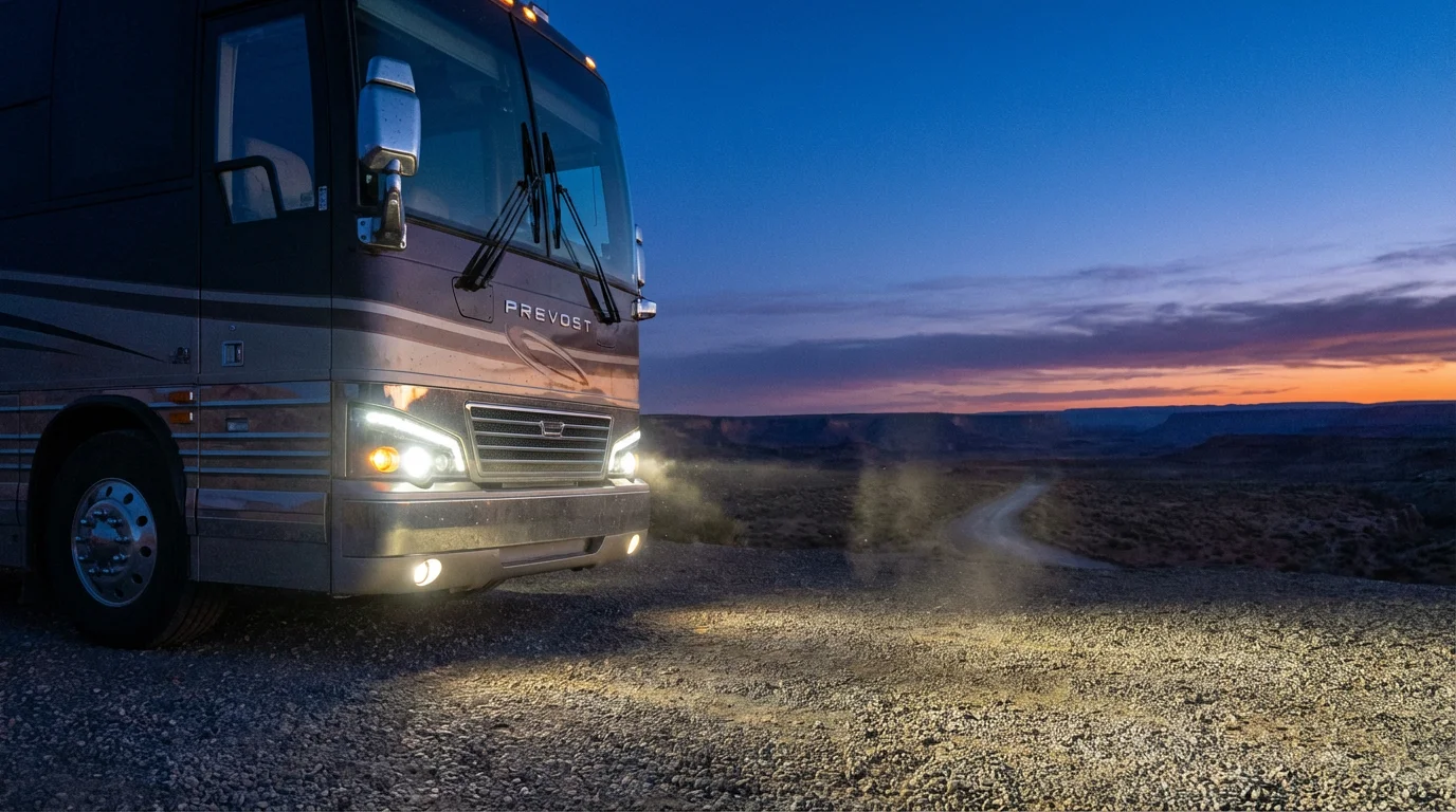 A low angle shot of a modern Class A motorhome parked on a remote gravel road at dusk with its headlights on.