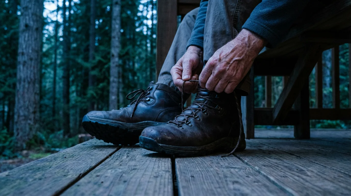 A low angle shot of a senior person's hands tying sturdy hiking boots at dusk.