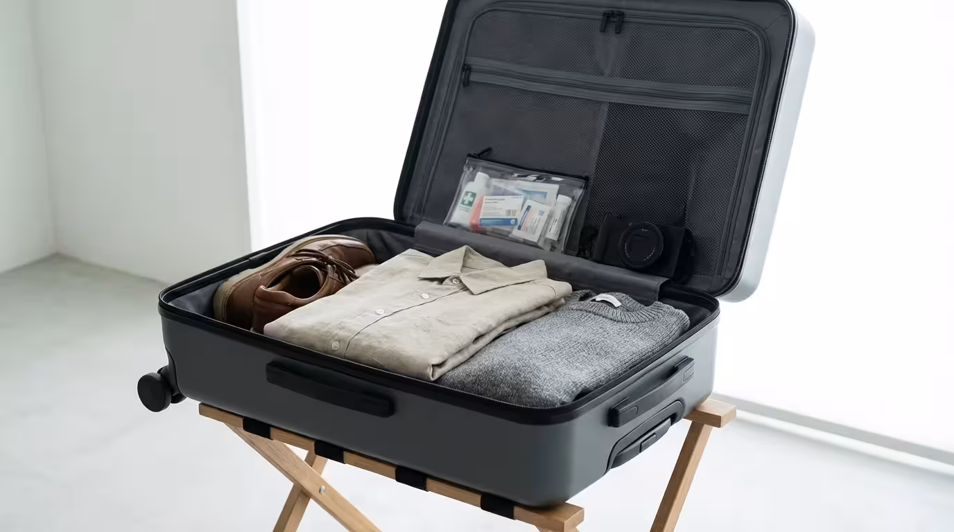 A low angle shot of an open suitcase packed with clothes and travel essentials.
