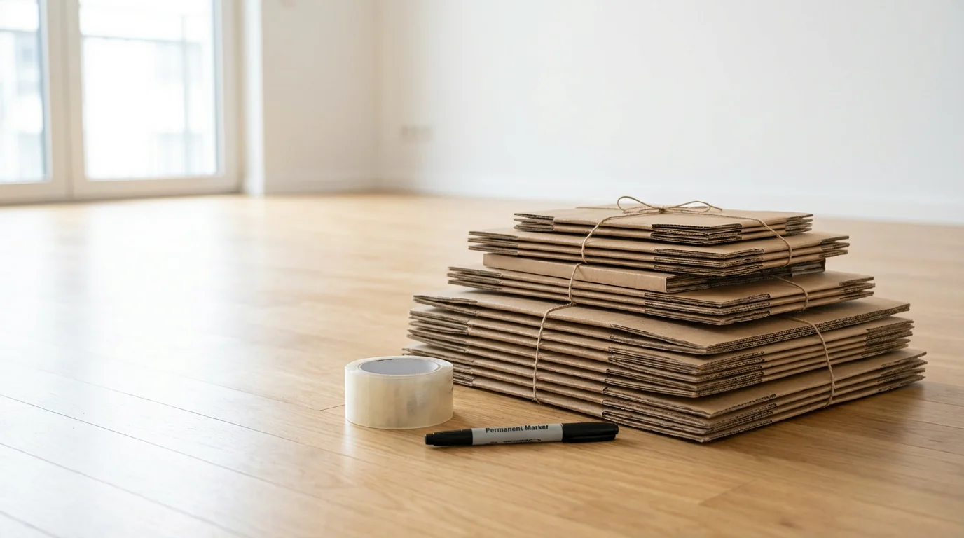 A low angle shot of empty cardboard boxes and packing tape on a floor.