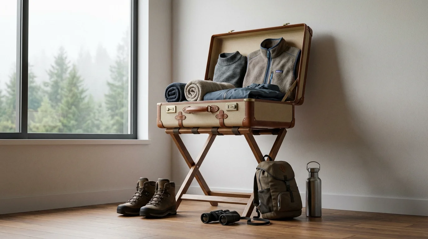 A low angle view of an open suitcase neatly packed with layered outdoor clothing.