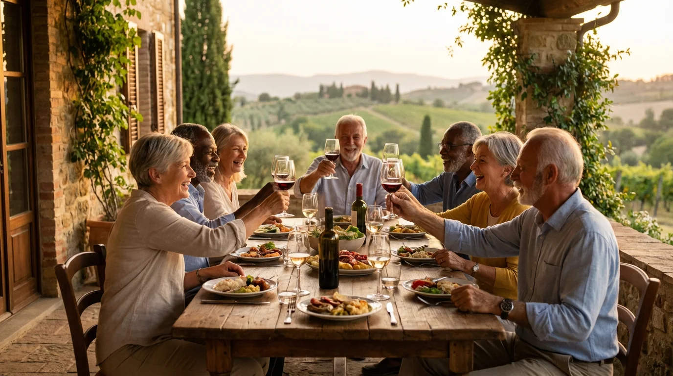 A low angle view of happy retirees toasting and dining together at golden hour.