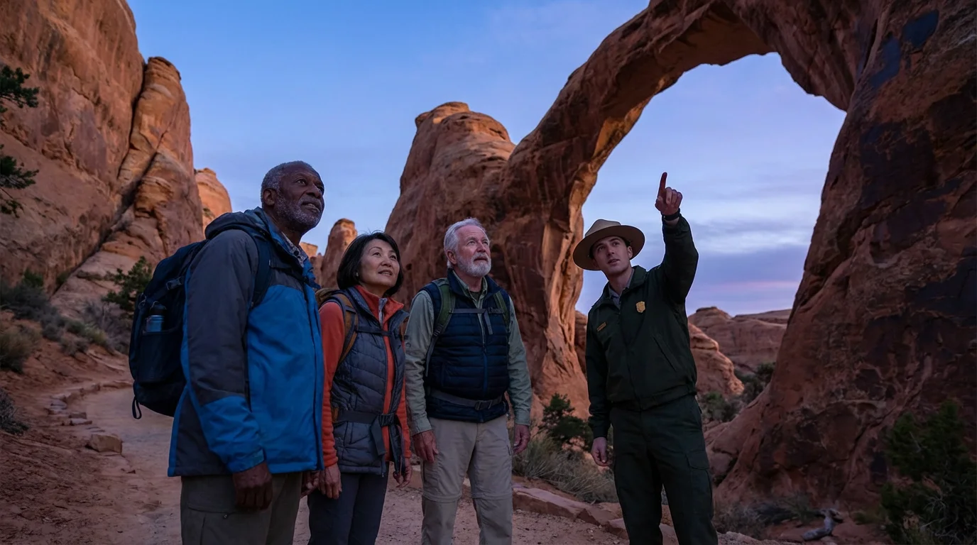 A low angle view of seniors on a guided hike in a national park at twilight.