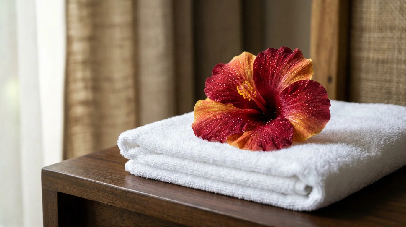 A macro photograph of a fresh hibiscus flower on a folded towel in an eco-lodge.
