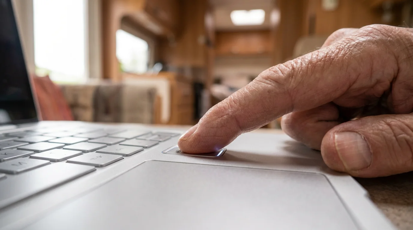 A macro photograph of a senior's finger using a laptop fingerprint scanner.