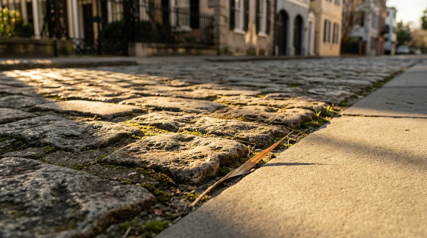 A macro photograph of Charleston cobblestones meeting a modern paved sidewalk during late afternoon.