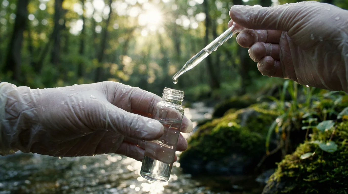 A macro photograph of gloved hands performing a water quality test by a stream.
