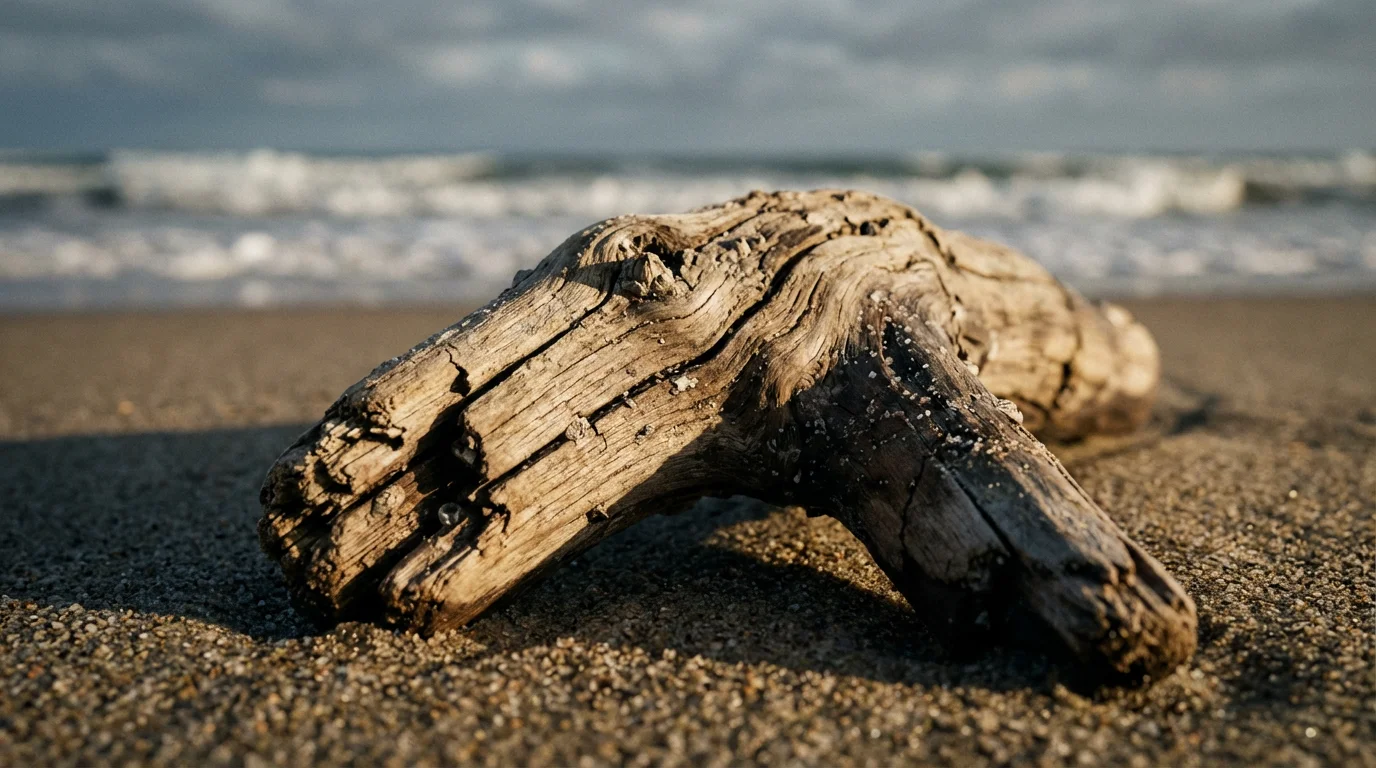 A macro photograph of weathered driftwood resting on a sandy Maine beach at sunset.