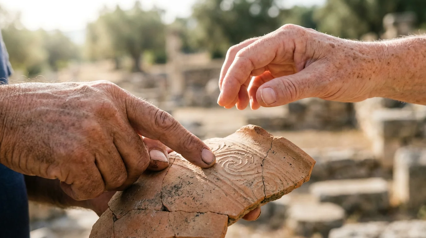 A macro shot of a guide's hand pointing out details on ancient pottery.