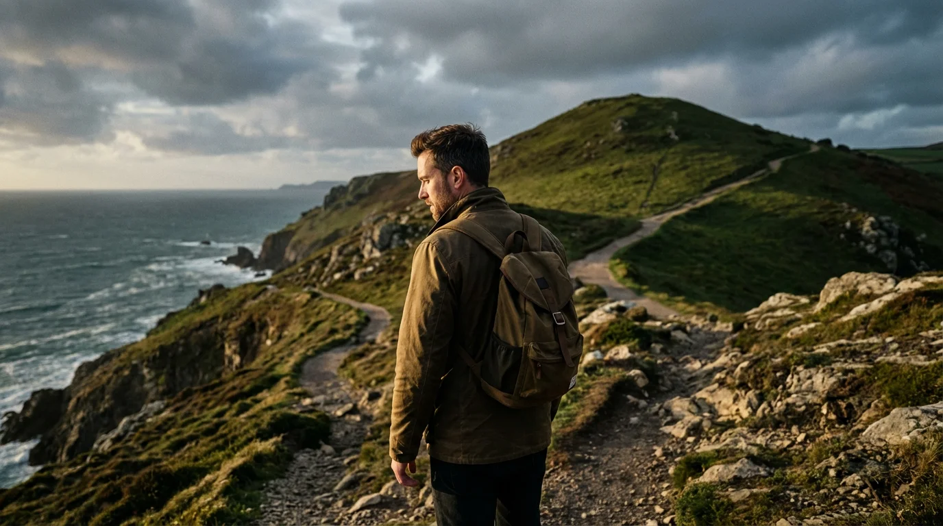 A man stands at a fork in a scenic coastal hiking trail at sunset.
