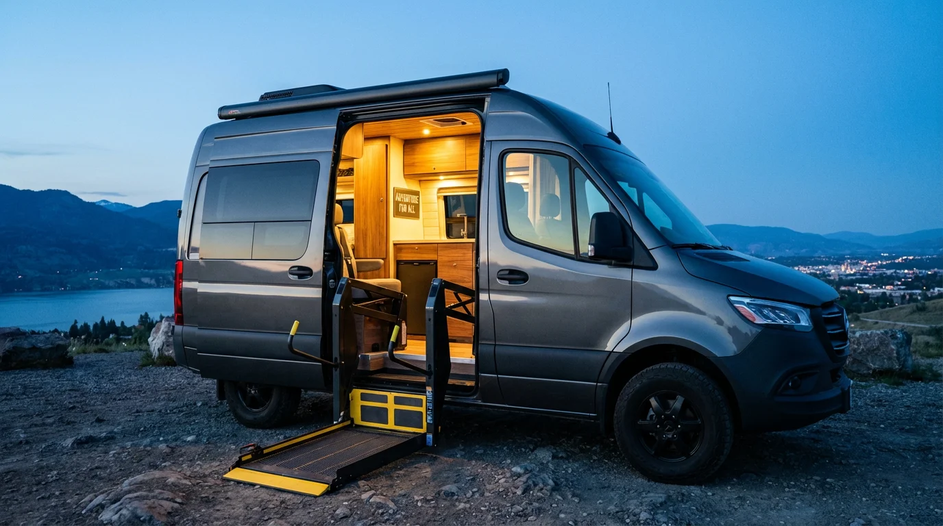 A modern camper van with an accessible wheelchair lift at a scenic overlook during twilight.