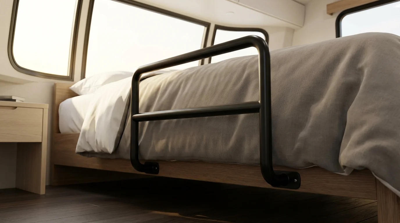 A modern RV bedroom featuring a bed with a black accessibility support rail.