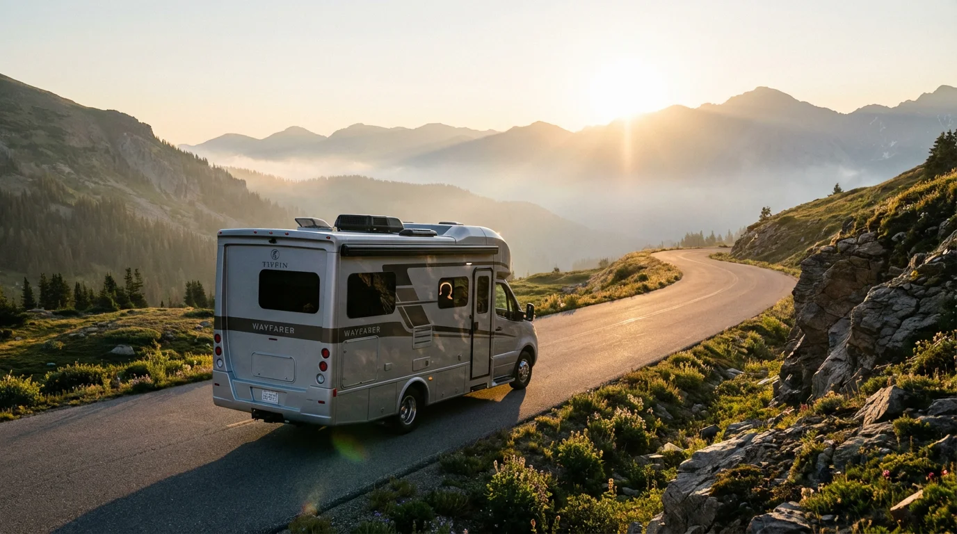 A modern RV drives along a scenic mountain pass during a golden sunrise.