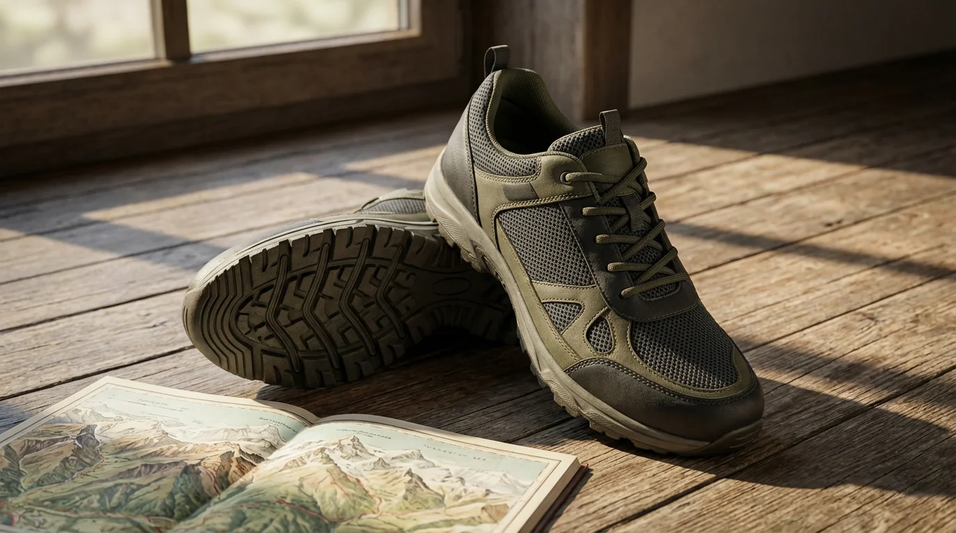 A pair of senior walking shoes with high-traction soles next to a travel map.