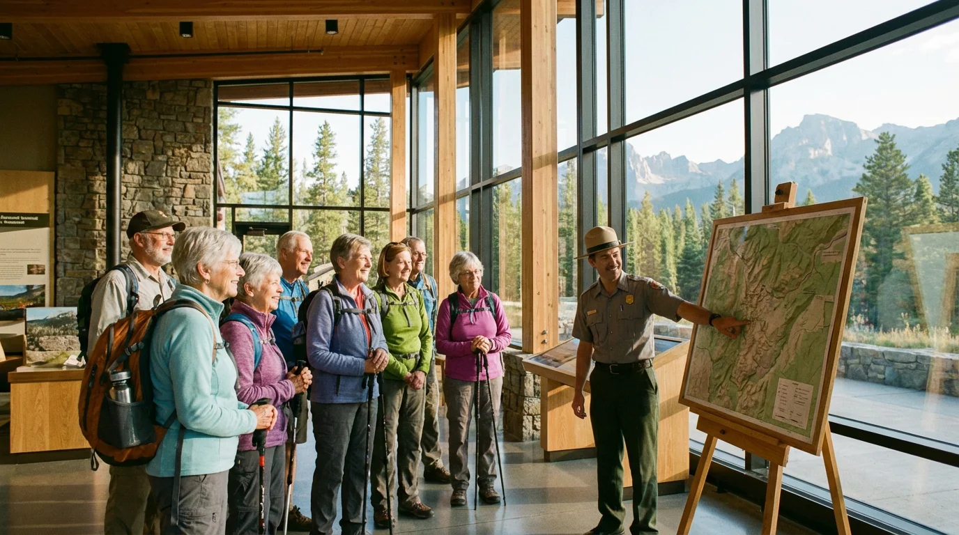 A park ranger briefs a small group of seniors inside a sunny national park visitor center.
