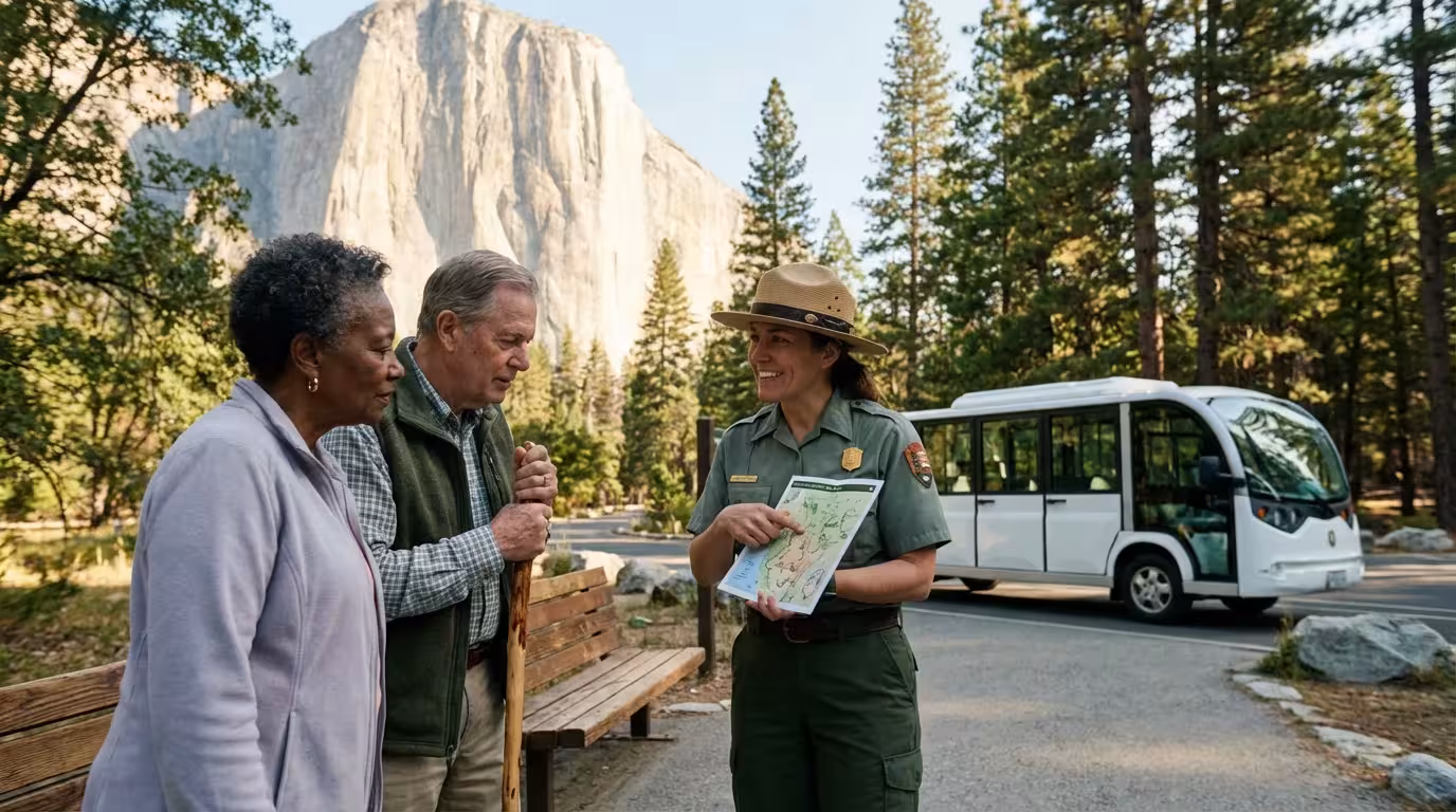 A park ranger helps a senior couple with a map at a national park shuttle stop.