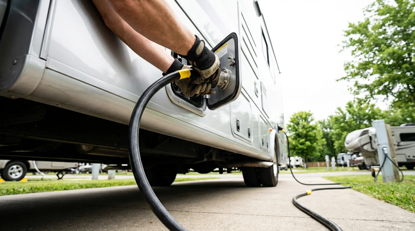 A person connects a heavy-duty shore power cord to the side of an RV.