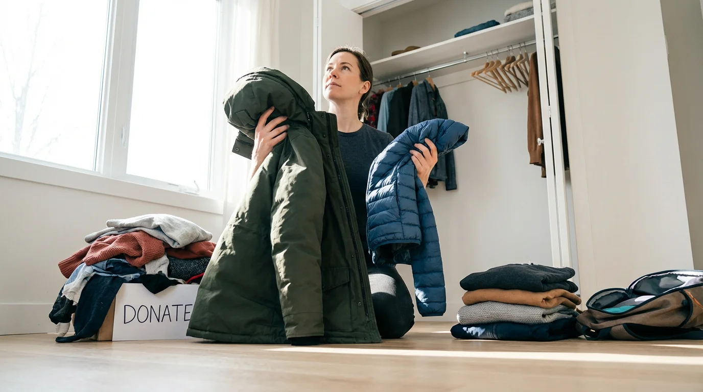 A person kneels on a bedroom floor, thoughtfully comparing two jackets for downsizing.