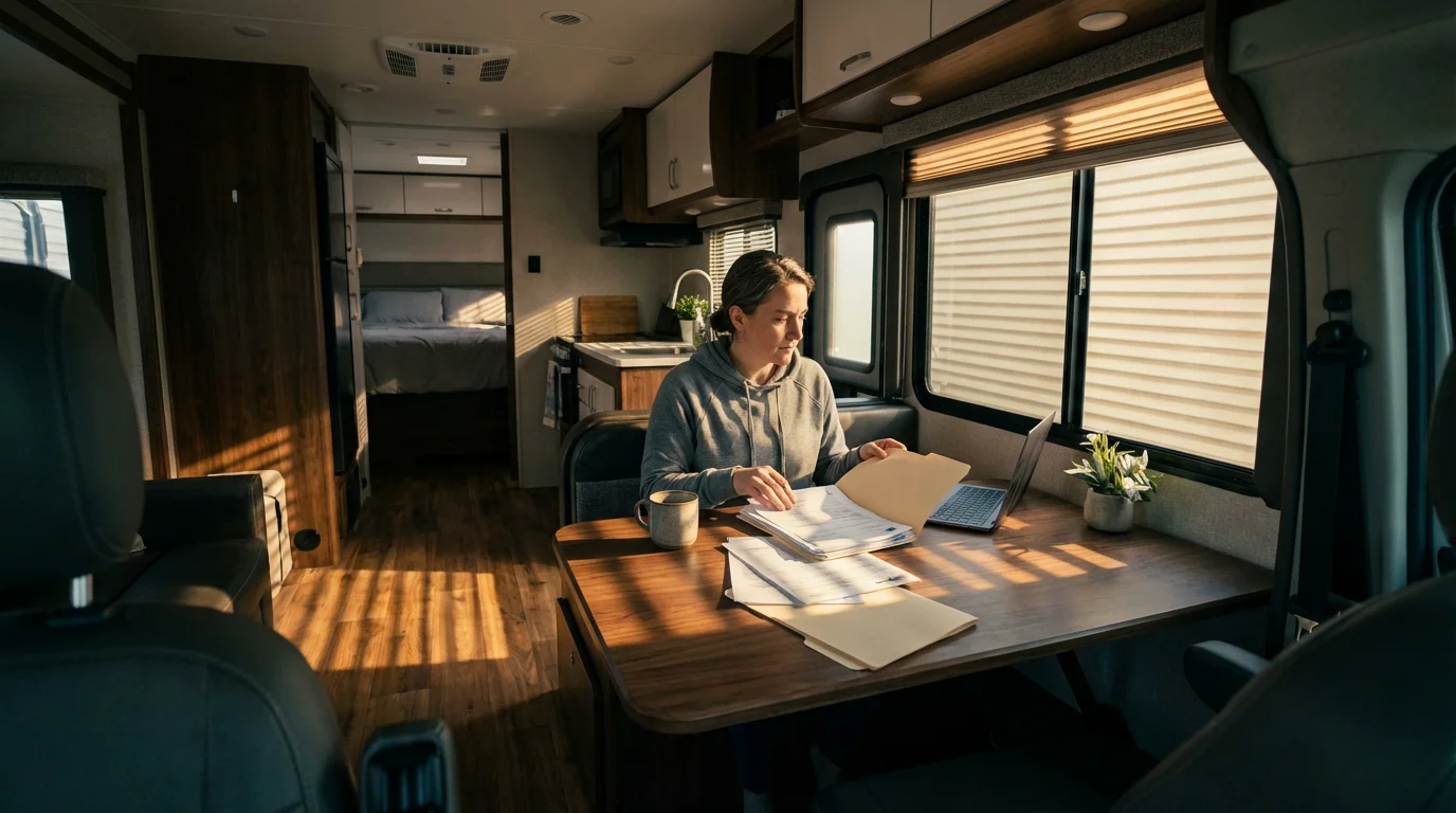 A person organizes insurance and vehicle documents at a table inside a modern RV.