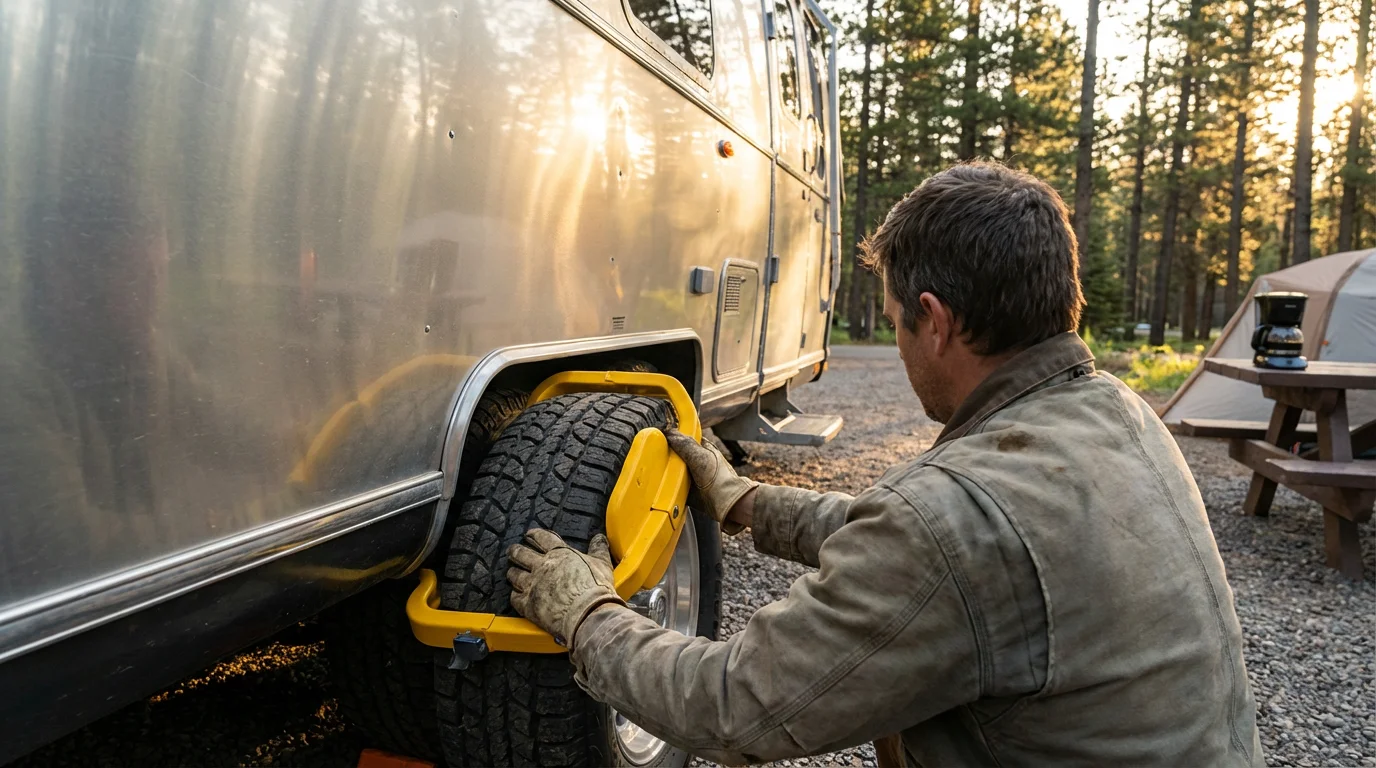 A person puts a yellow wheel clamp on an RV tire at a campsite.
