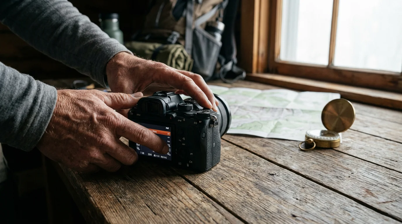 A person's hands adjusting the settings on a camera on a wooden table.