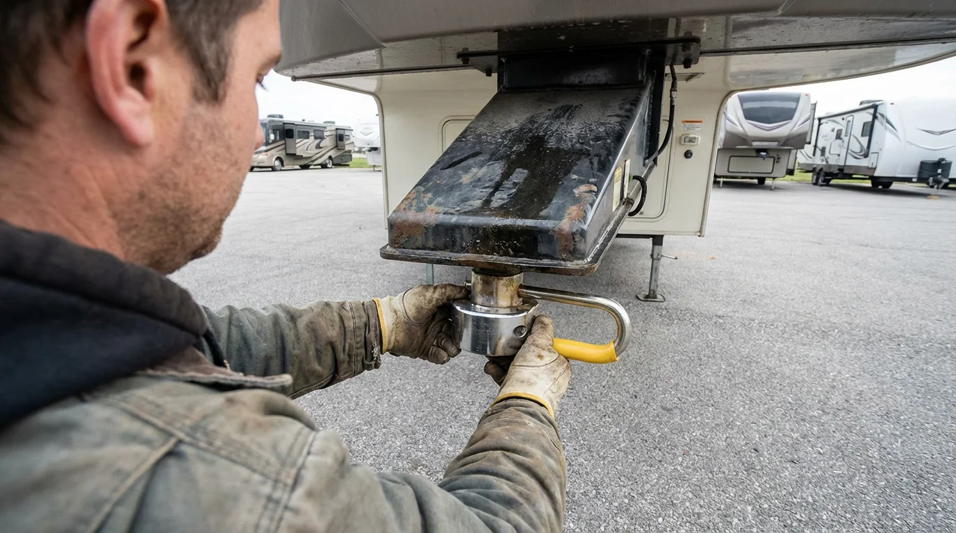A person's hands securing a heavy-duty king pin lock onto a fifth-wheel RV hitch.