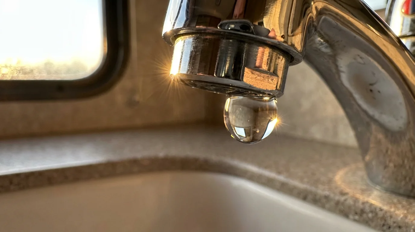 A photorealistic macro shot of a water drop leaking from a chrome RV faucet.