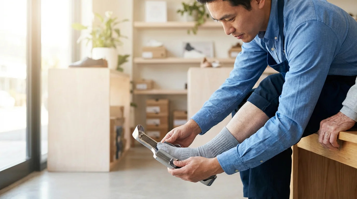 A professional measures a senior's foot with a Brannock device in a shoe store.