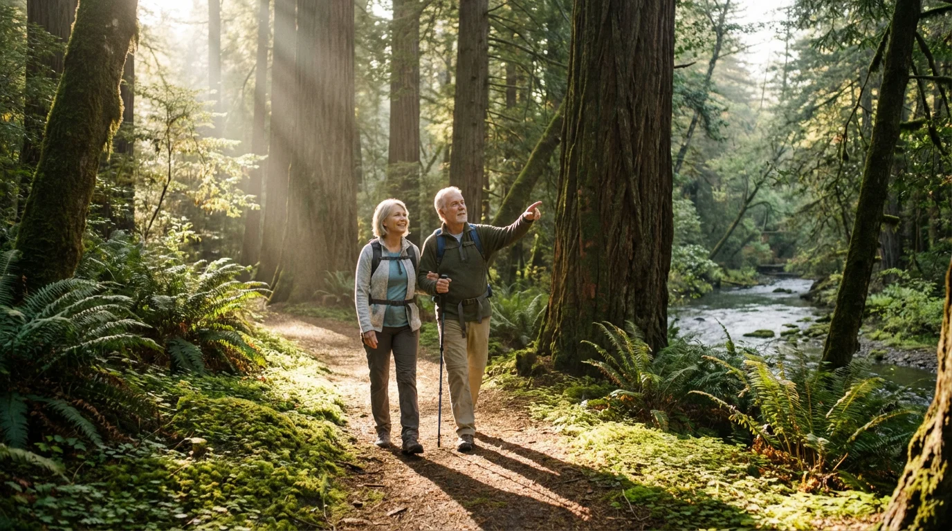 A retired couple hiking on a forest trail during a beautiful, sunny morning.