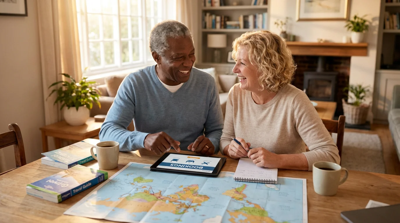 A retired couple joyfully plans an adventure vacation on a tablet during a golden sunset.