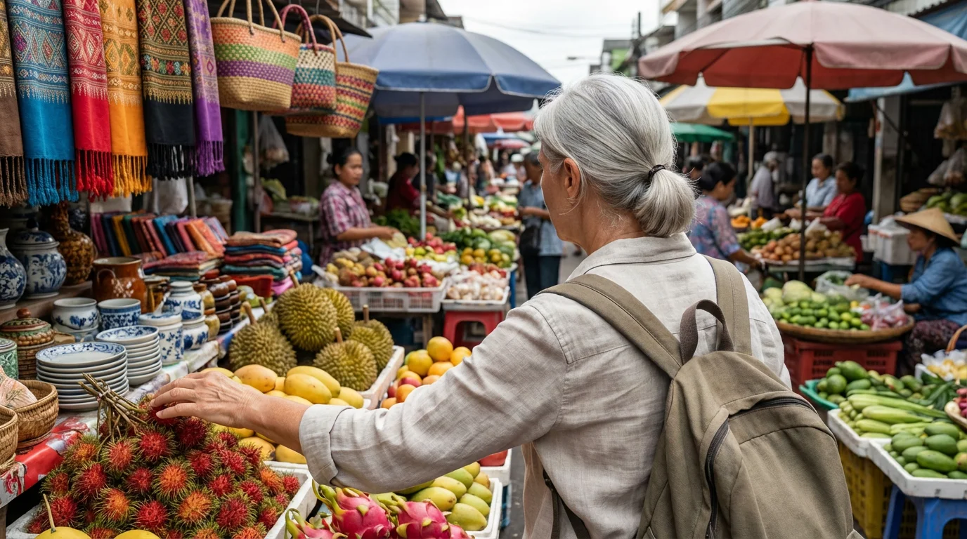 A retired woman seen from behind exploring a colorful, authentic Southeast Asian street market.