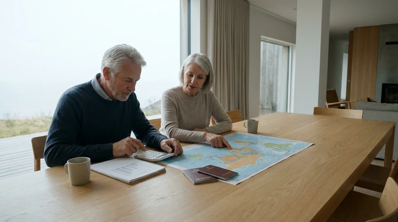 A senior couple at a table with a map and calculator, budgeting for travel.