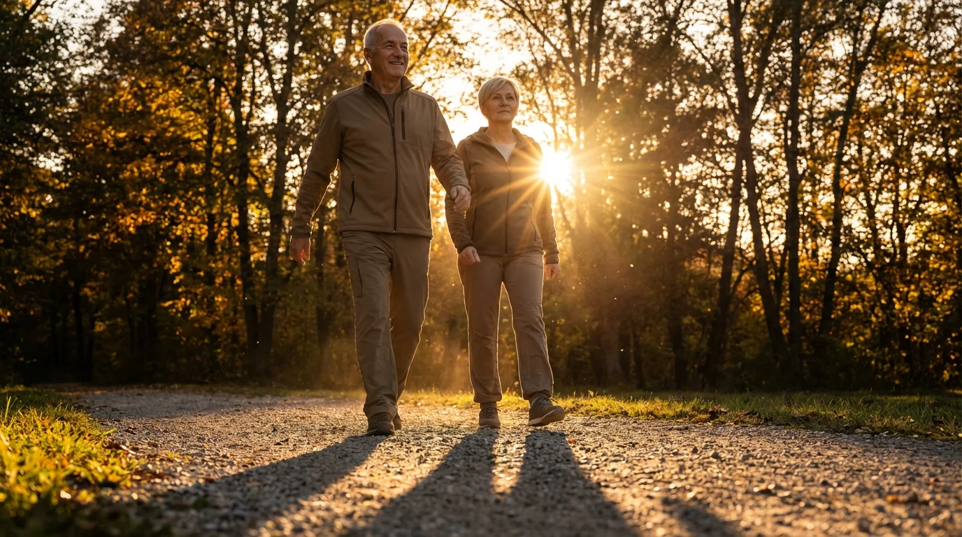 A senior couple confidently walking on a scenic park trail during a warm sunset.