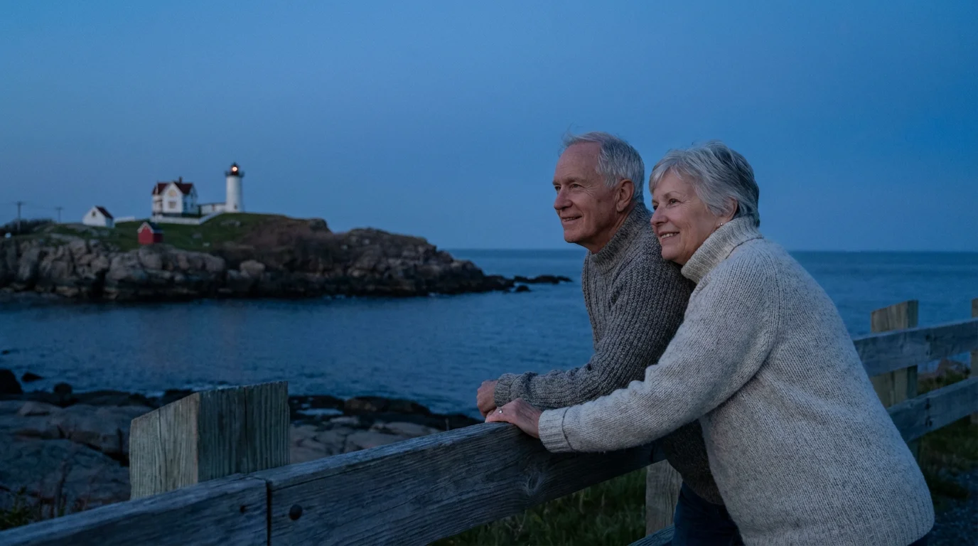 A senior couple enjoying the view of a Maine lighthouse at a coastal overlook during blue hour.